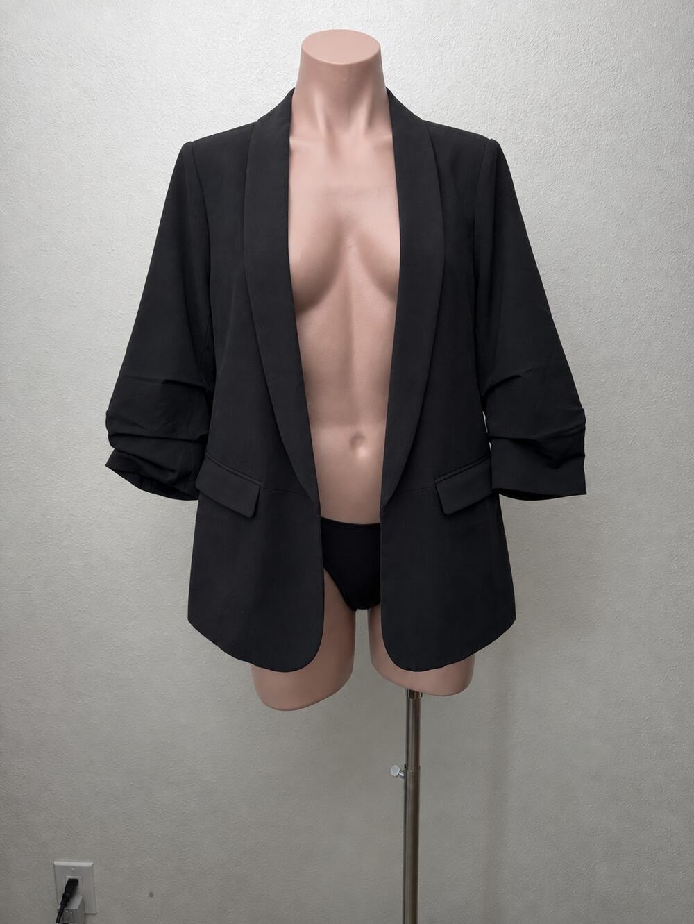 DR2 Black Ruched 3/4 Sleeves Open Front Pockets Petite Blazer PM